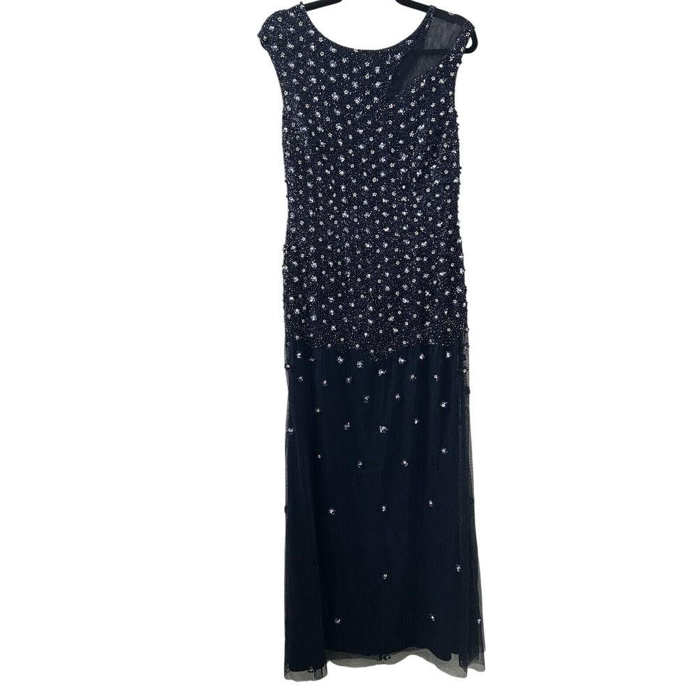 Stunning Navy Blue Beaded Sequin Mesh‎ Gown Evening Formal Dress Size 8